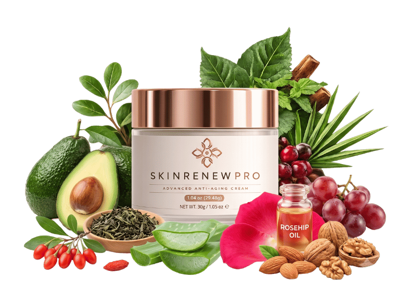 SkinRenewPro Advanced Anti-Aging Cream jar surrounded by natural botanical ingredients
