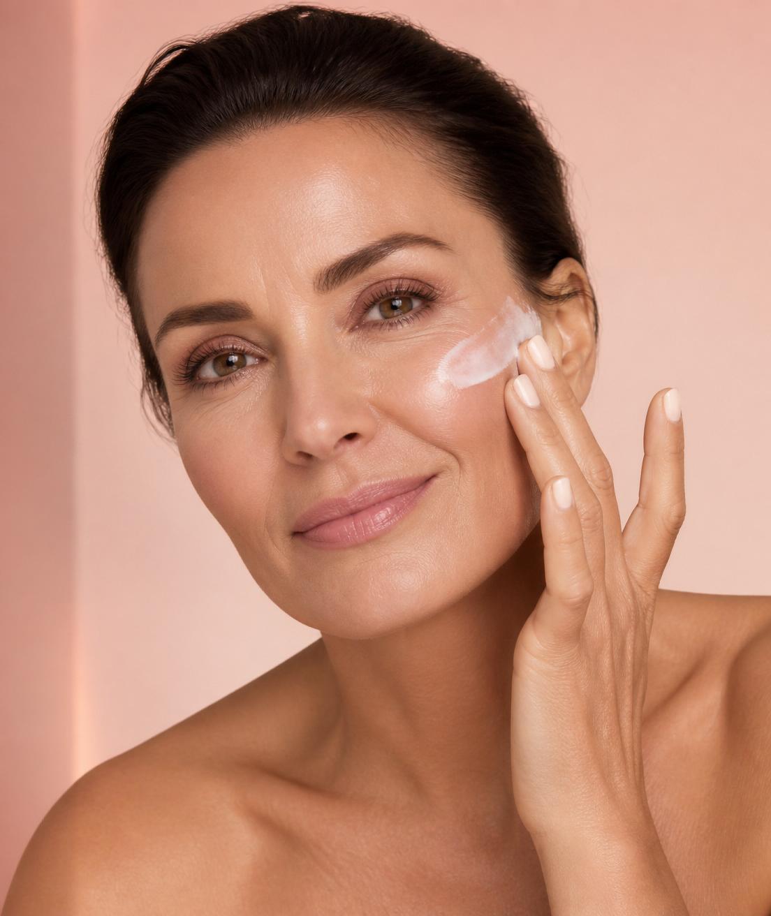 Woman applying SkinRenewPro anti-aging cream to her cheek