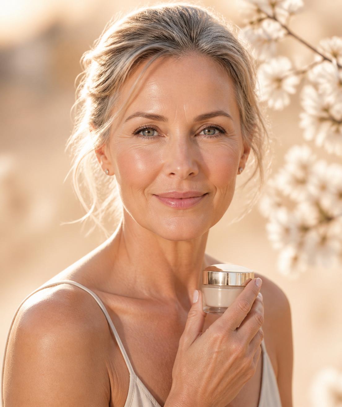 Confident woman holding a jar of anti-aging cream with glowing skin